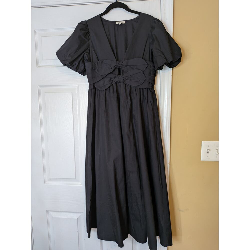 Moon River Puff Sleeve Bow Front Midi Dress Size Large Cotton Black Minimalist